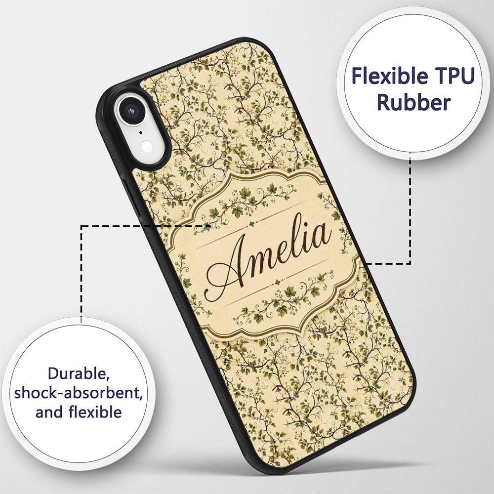 Elegant Twisting Vine Leaves Minimal Seamless Custom Name Protective Phone Case Mobile Cover Durable Everyday Smartphone Shock Resistant