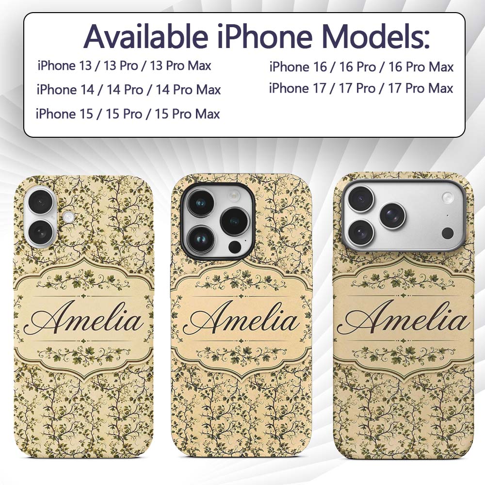 Elegant Twisting Vine Leaves Minimal Seamless Custom Name Protective Phone Case Mobile Cover Durable Everyday Smartphone Shock Resistant