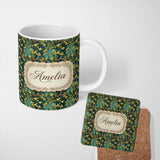 Personalized Custom Name Golden Leaf Branch Teal Background Seamless Pattern Name Cute 11oz Ceramic Coffee Tea Mug White Large Handle