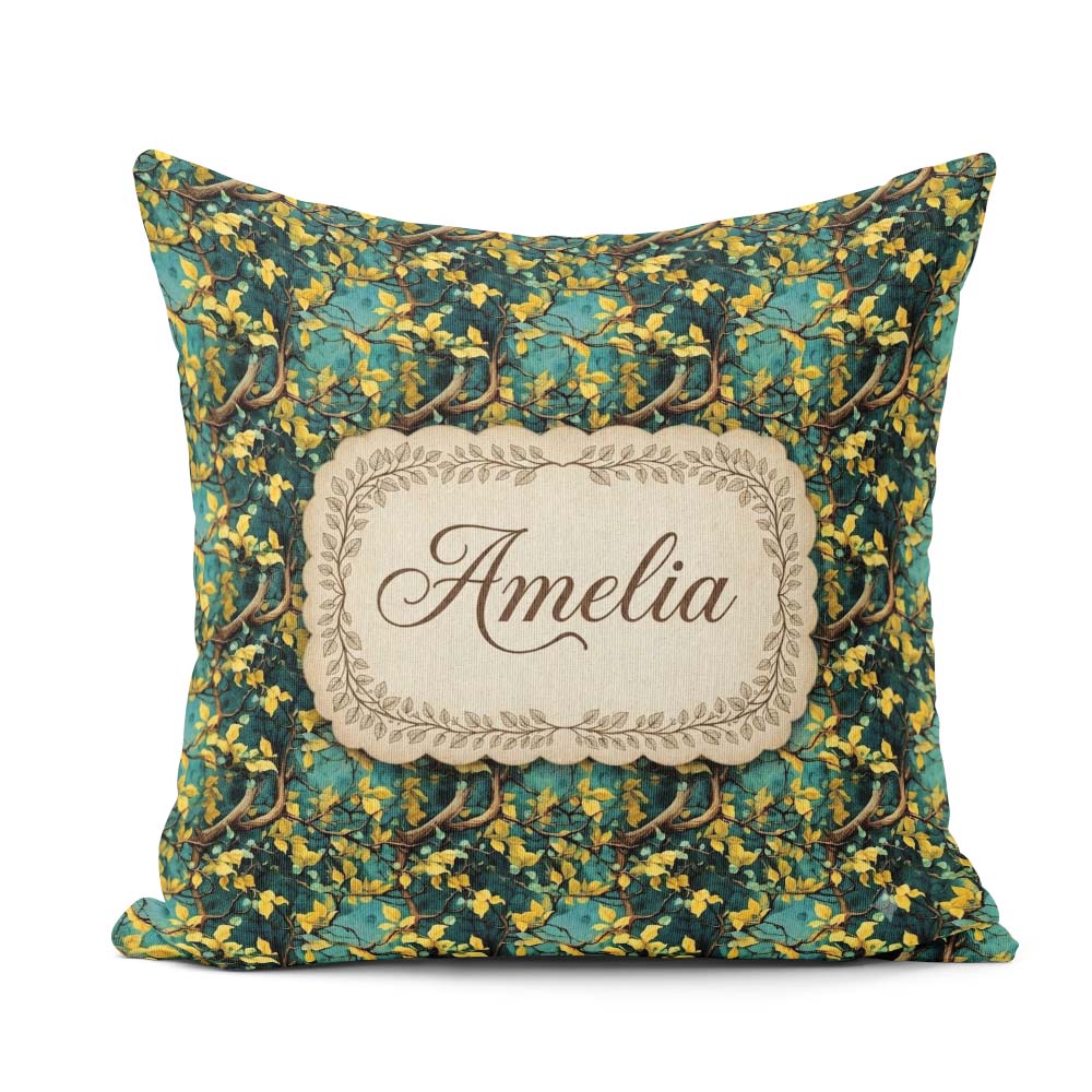 Custom Name Golden Leaf Branch Teal Background Pattern Name Cute Square Filled Cushion Throw Pillow Sofa Bed Home Decor Zip Washable UK Made