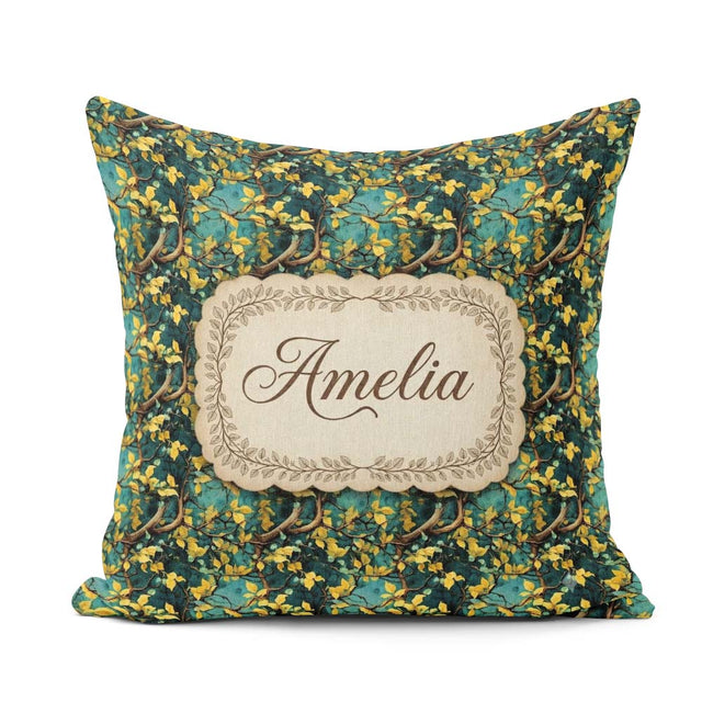Custom Name Golden Leaf Branch Teal Background Pattern Name Cute Square Filled Cushion Throw Pillow Sofa Bed Home Decor Zip Washable UK Made