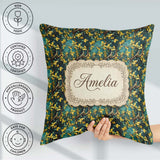 Custom Name Golden Leaf Branch Teal Background Pattern Name Cute Square Filled Cushion Throw Pillow Sofa Bed Home Decor Zip Washable UK Made