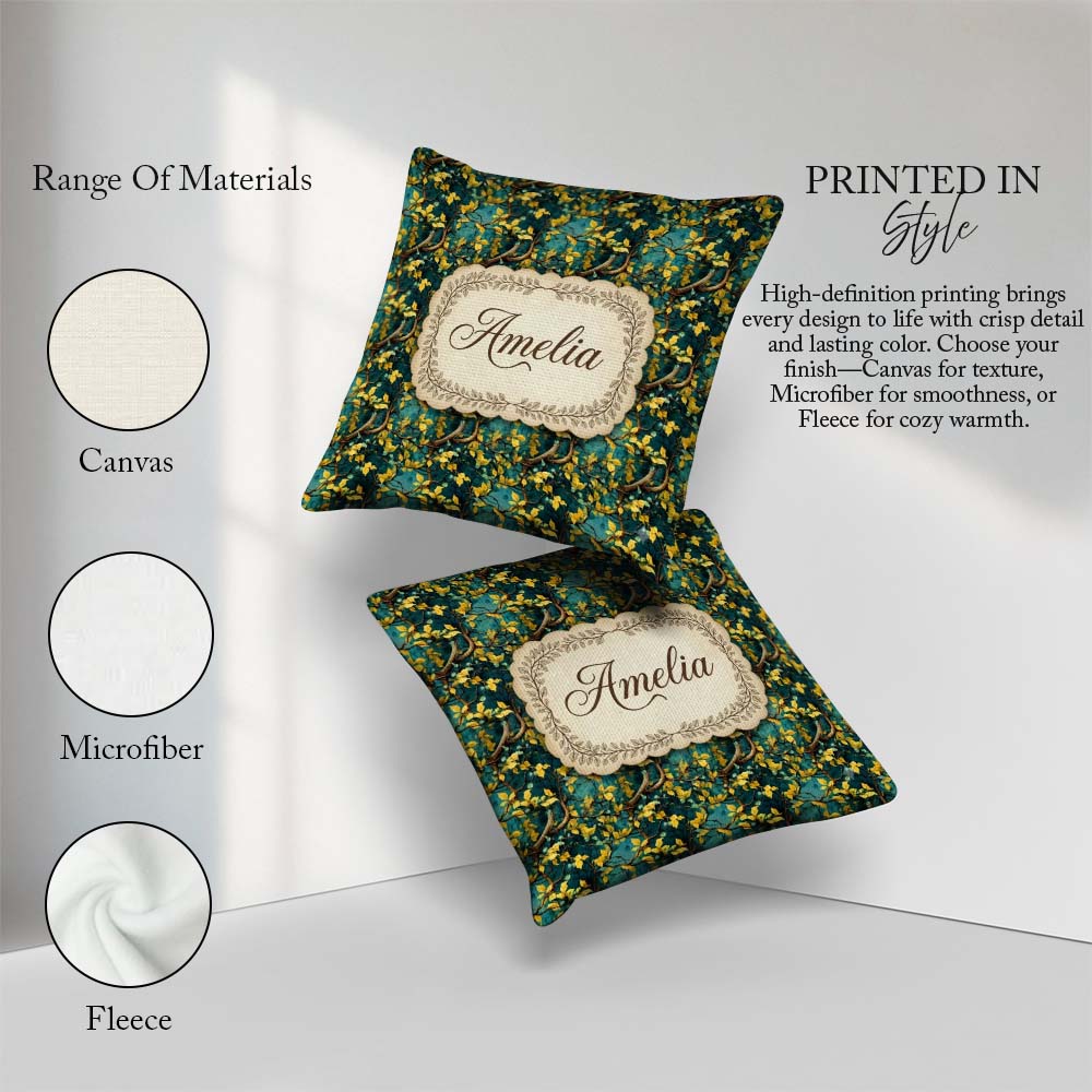 Custom Name Golden Leaf Branch Teal Background Pattern Name Cute Square Filled Cushion Throw Pillow Sofa Bed Home Decor Zip Washable UK Made