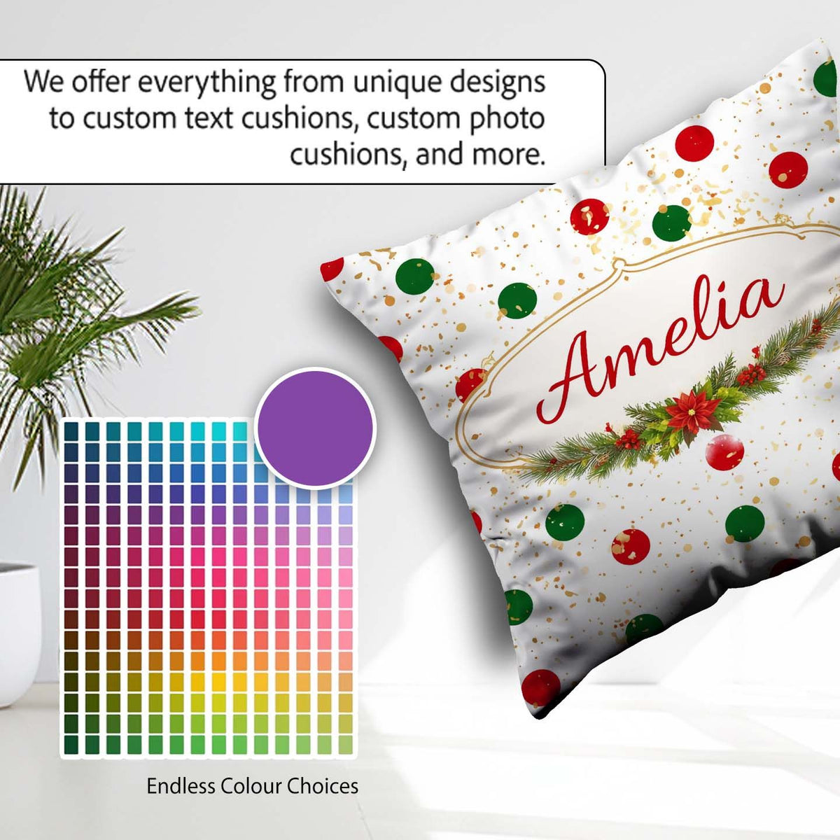Custom Name Red and Green Polka Dots with Gold Splatter Seamless Square Filled Cushion Throw Pillow Sofa Bed Home Decor Zip Washable UK Made