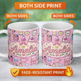 Personalized Custom Name Cute Kawaii Graduation School Science Art Supplies Pattern Pink 11oz Ceramic Coffee Tea Mug White Large Handle