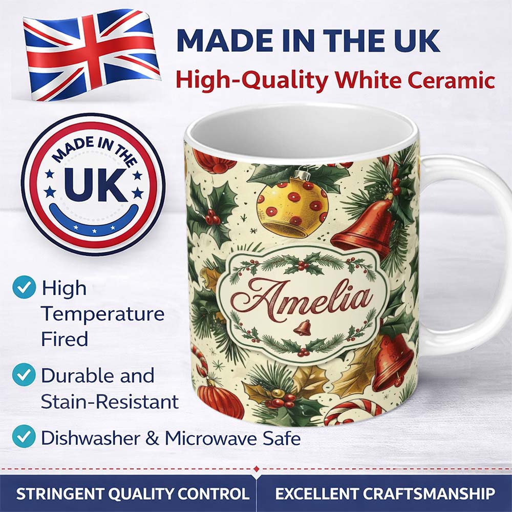 Personalized Custom Name Elegant Christmas Baubles Pine Branches Bows and Snowflake Elements 11oz Ceramic Coffee Tea Mug White Large Handle