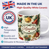 Personalized Custom Name Elegant Christmas Baubles Pine Branches Bows and Snowflake Elements 11oz Ceramic Coffee Tea Mug White Large Handle