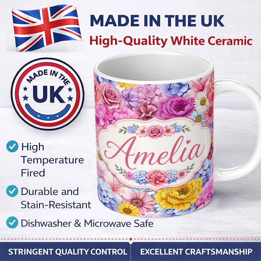 Personalized Custom Name Elegant Pink Floral Roses Peony Hydrangea Seamless Pattern Name Cute 11oz Ceramic Coffee Tea Mug White Large Handle