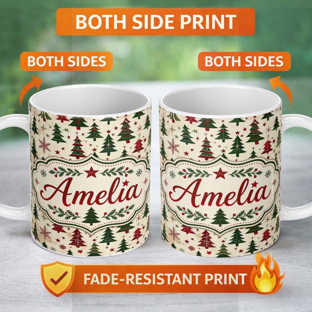 Personalized Custom Name Classic Holiday Trees with Red Stars and Snowflakes Vintage Seamless 11oz Ceramic Coffee Tea Mug White Large Handle