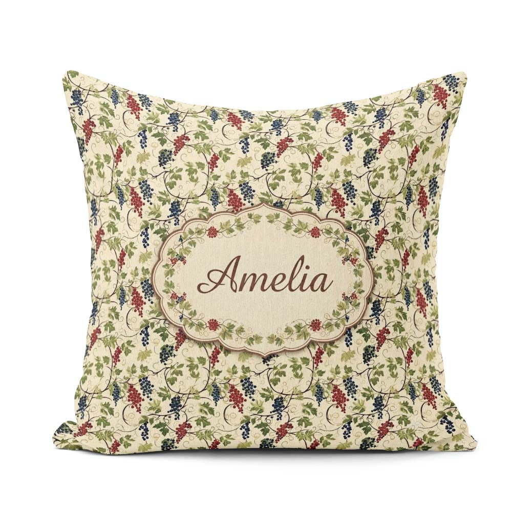 Custom Name Red and Blue Berry Vine Leaves Seamless Pattern Name Square Filled Cushion Throw Pillow Sofa Bed Home Decor Zip Washable UK Made