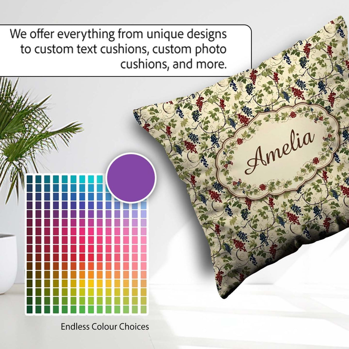 Custom Name Red and Blue Berry Vine Leaves Seamless Pattern Name Square Filled Cushion Throw Pillow Sofa Bed Home Decor Zip Washable UK Made