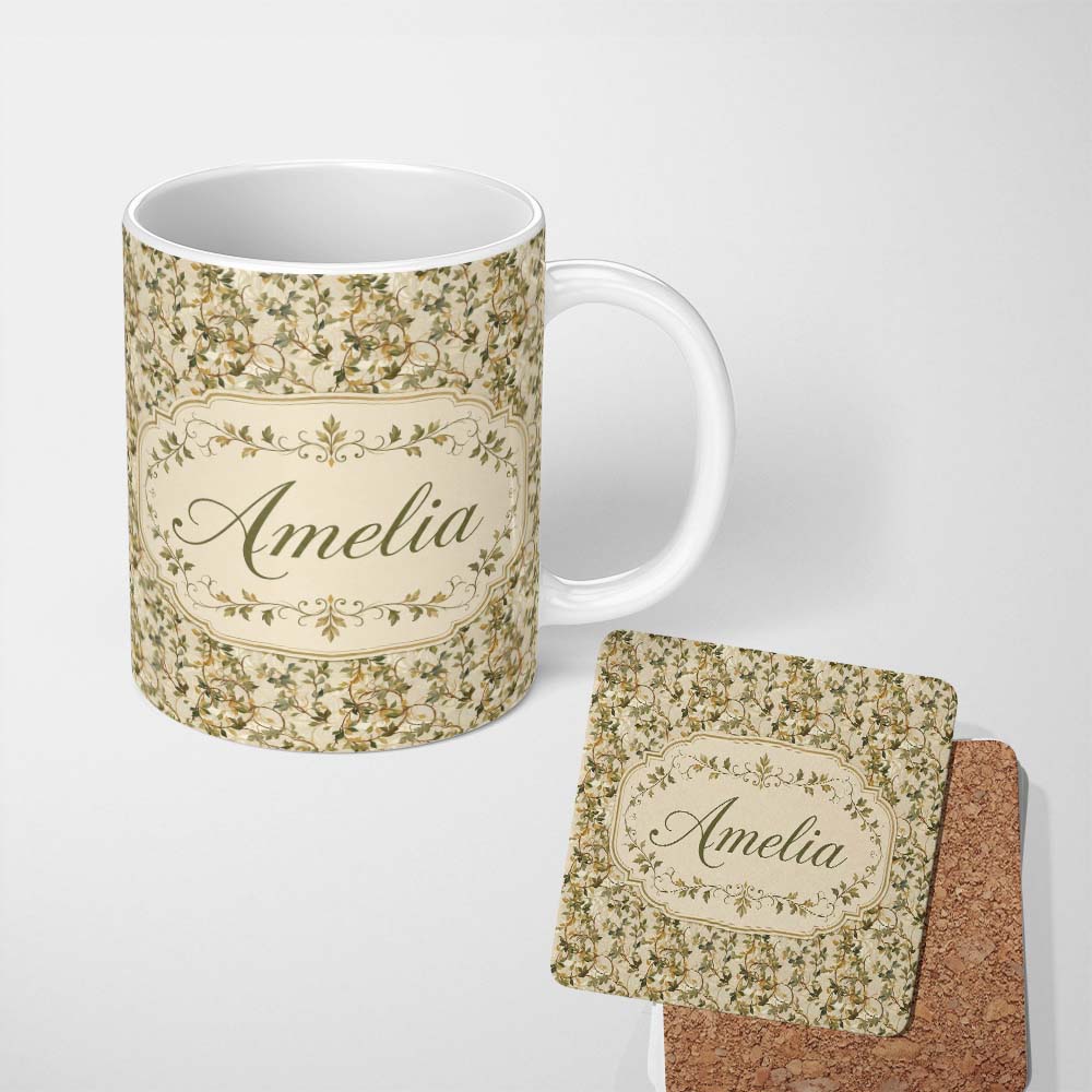 Personalized Custom Name Soft Neutral Botanical Vine Leaves Seamless Pattern Name Cute 11oz Ceramic Coffee Tea Mug White Large Handle