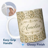 Personalized Custom Name Soft Neutral Botanical Vine Leaves Seamless Pattern Name Cute 11oz Ceramic Coffee Tea Mug White Large Handle