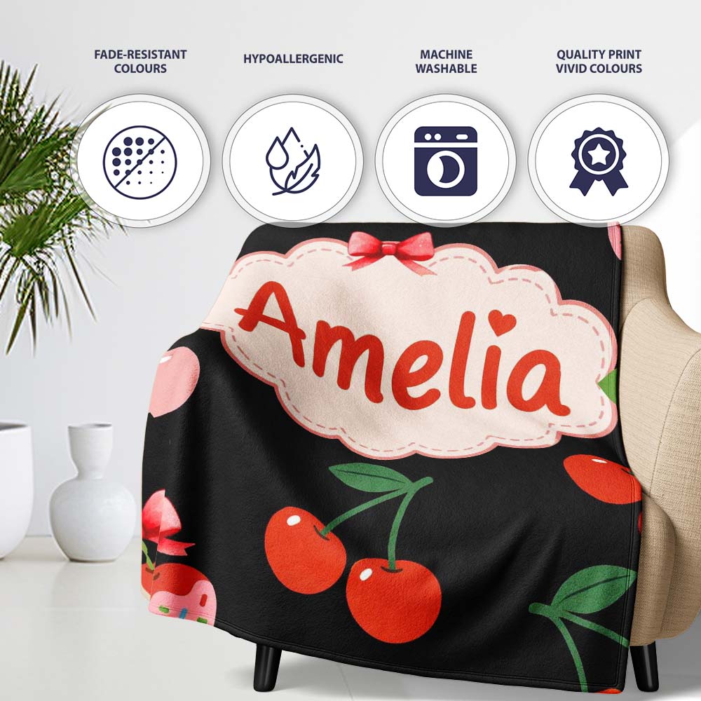 Cherry Fruit Vertical Stripe Soft Pastel Background Seamless Pattern  Personalised Custom Name Super Soft Fleece Blanket Bed Sofa Throw
