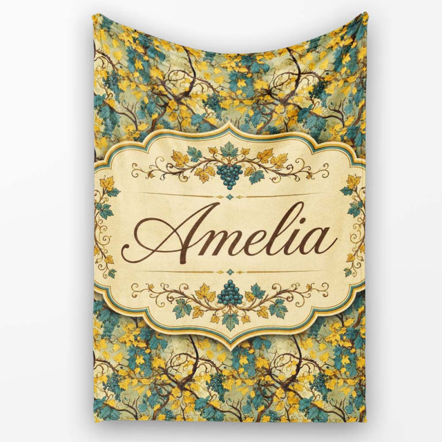 Autumn Yellow Leaf Grape Vine Seamless Pattern Name Cute Unique Gift  Personalised Custom Name Super Soft Fleece Blanket Bed Sofa Throw