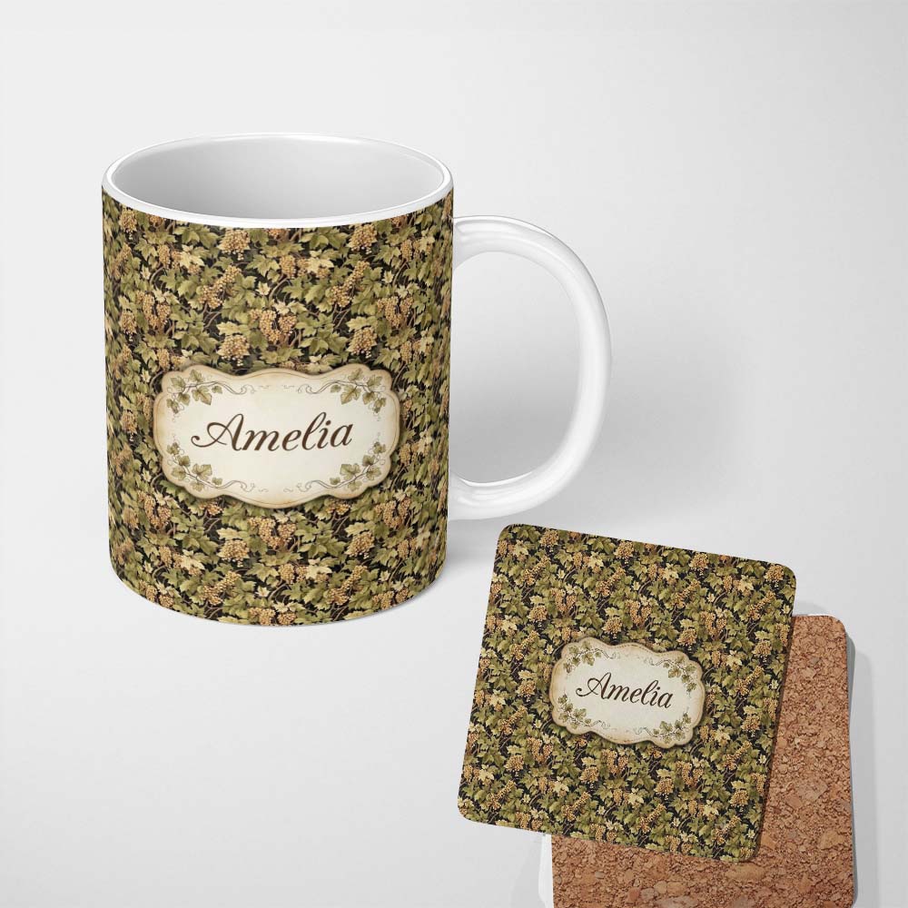 Personalized Custom Name Vintage Cream Grape Cluster Dark Background Seamless Pattern Name 11oz Ceramic Coffee Tea Mug White Large Handle