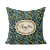 Custom Name Dark Teal Floral Vine Yellow Leaves Seamless Pattern Square Filled Cushion Throw Pillow Sofa Bed Home Decor Zip Washable UK Made
