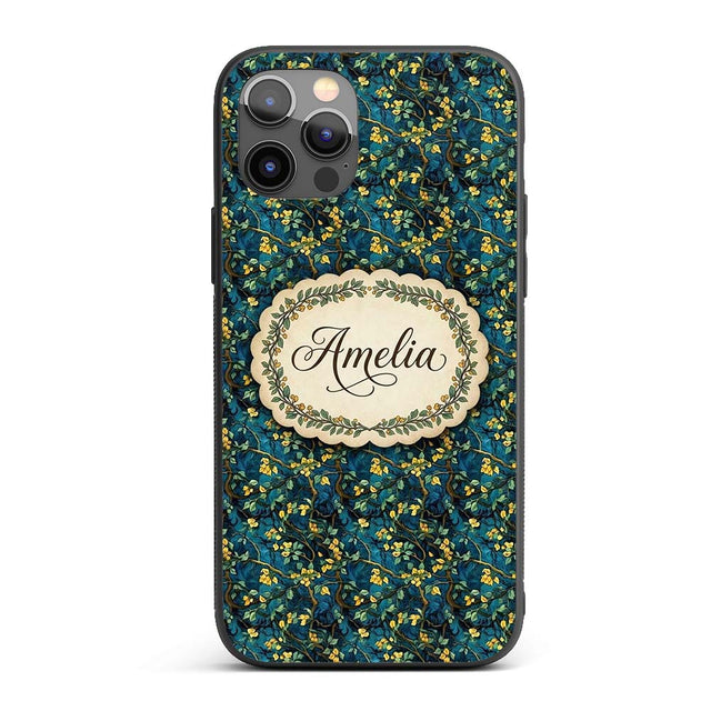 Dark Teal Floral Vine with Yellow Leaves Seamless Custom Name Protective Phone Case Mobile Cover Durable Everyday Smartphone Shock Resistant