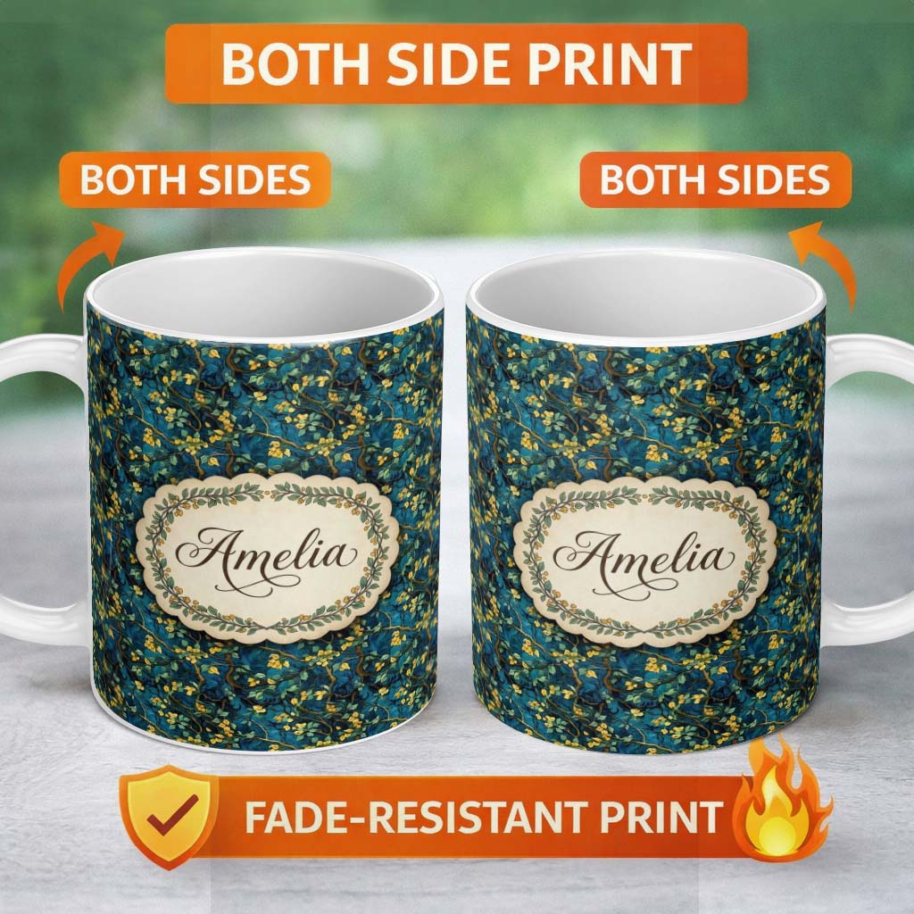 Personalized Custom Name Dark Teal Floral Vine with Yellow Leaves Seamless Pattern Custom 11oz Ceramic Coffee Tea Mug White Large Handle