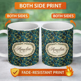 Personalized Custom Name Dark Teal Floral Vine with Yellow Leaves Seamless Pattern Custom 11oz Ceramic Coffee Tea Mug White Large Handle