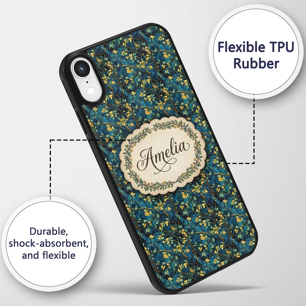 Dark Teal Floral Vine with Yellow Leaves Seamless Custom Name Protective Phone Case Mobile Cover Durable Everyday Smartphone Shock Resistant