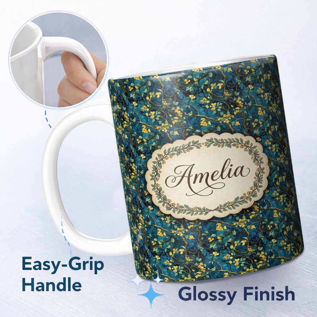 Personalized Custom Name Dark Teal Floral Vine with Yellow Leaves Seamless Pattern Custom 11oz Ceramic Coffee Tea Mug White Large Handle