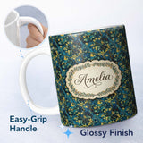 Personalized Custom Name Dark Teal Floral Vine with Yellow Leaves Seamless Pattern Custom 11oz Ceramic Coffee Tea Mug White Large Handle
