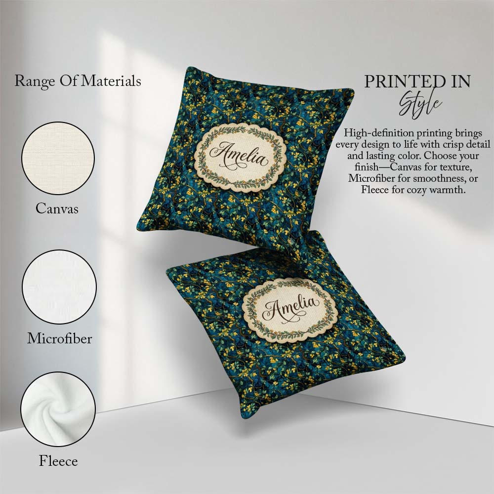 Custom Name Dark Teal Floral Vine Yellow Leaves Seamless Pattern Square Filled Cushion Throw Pillow Sofa Bed Home Decor Zip Washable UK Made