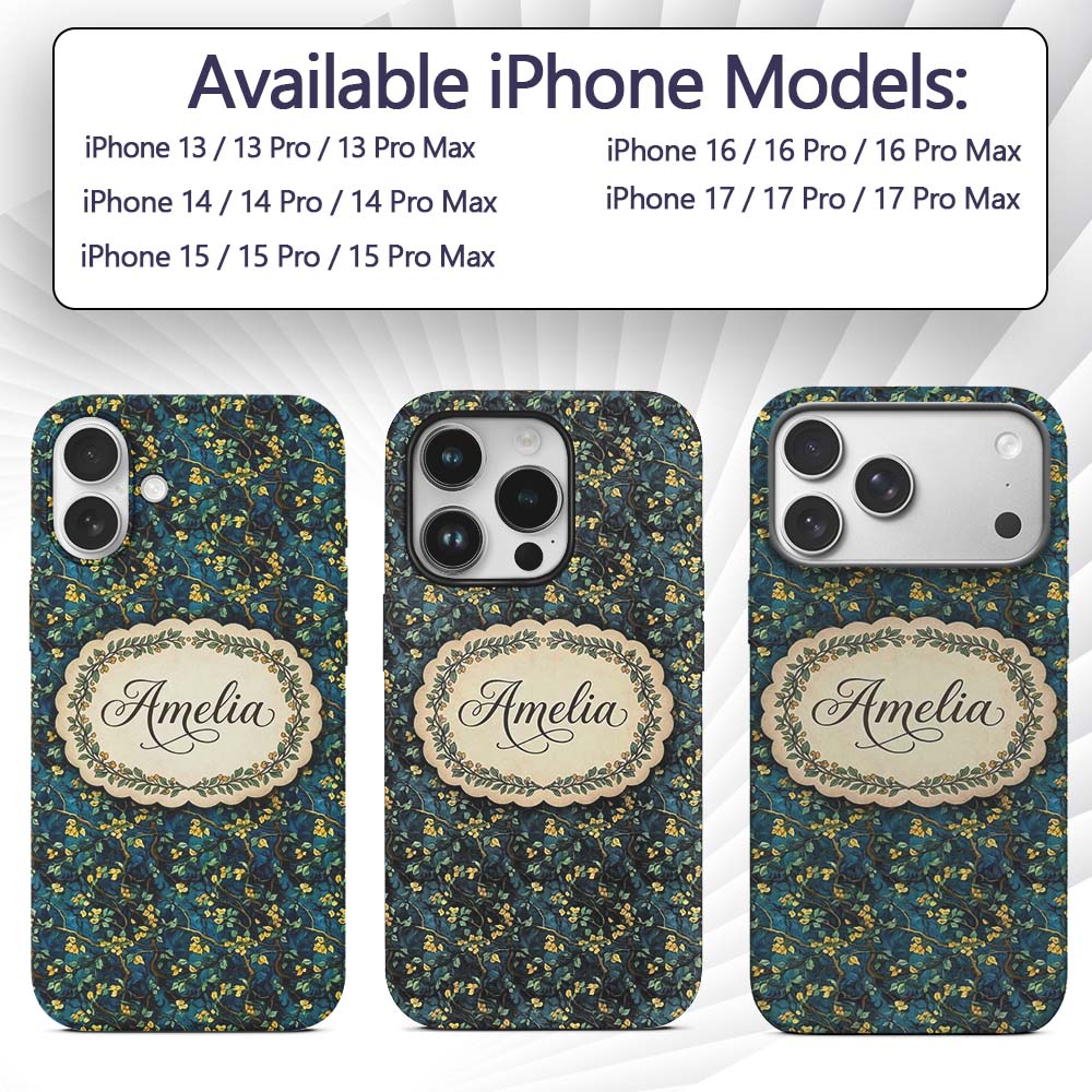 Dark Teal Floral Vine with Yellow Leaves Seamless Custom Name Protective Phone Case Mobile Cover Durable Everyday Smartphone Shock Resistant