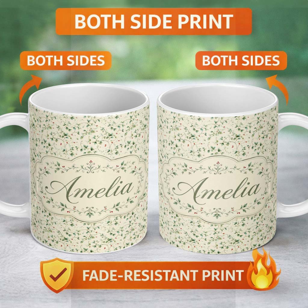 Personalized Custom Name Delicate Green Vine with Tiny Red Berries Seamless Pattern Name Cute 11oz Ceramic Coffee Tea Mug White Large Handle