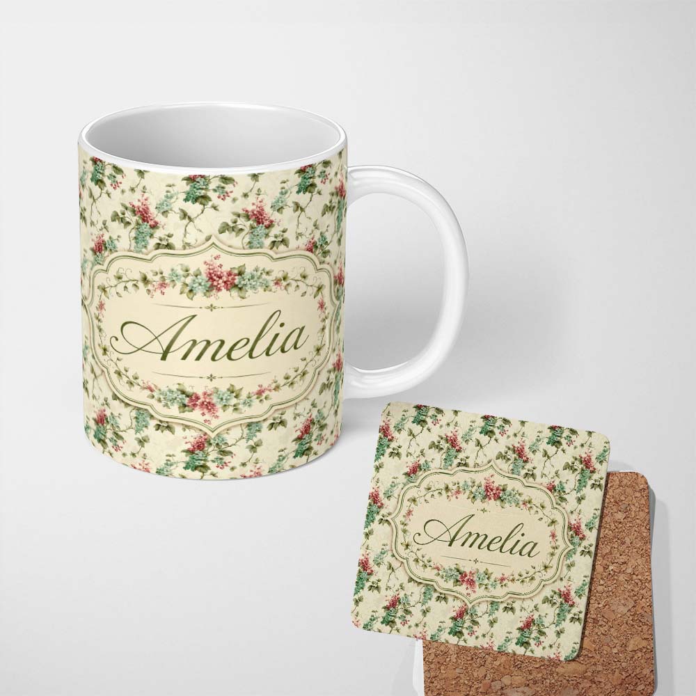 Personalized Custom Name Pastel Floral Berry Vine Elegant Seamless Pattern Name Cute Unique 11oz Ceramic Coffee Tea Mug White Large Handle