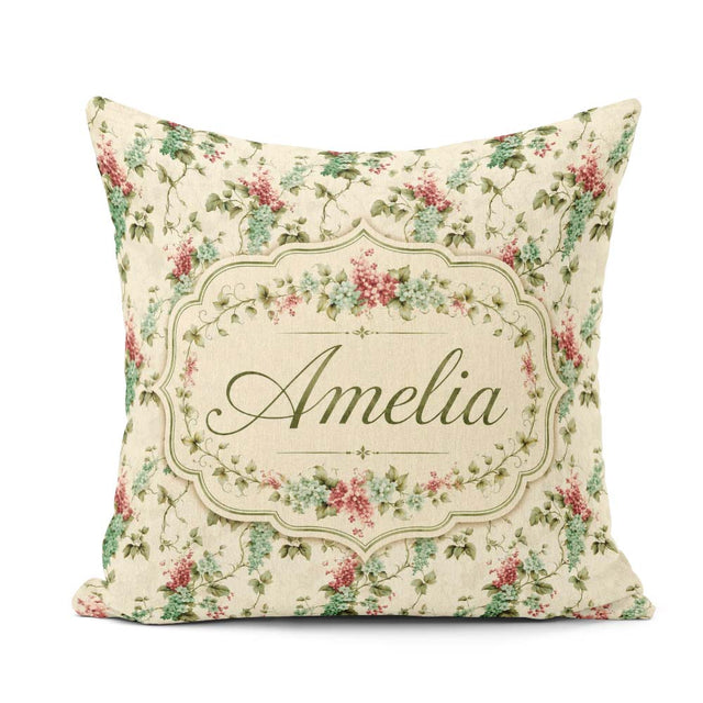 Custom Name Pastel Berry Vine Elegant Seamless Pattern Name Cute Square Filled Cushion Throw Pillow Sofa Bed Home Decor Zip Washable UK Made