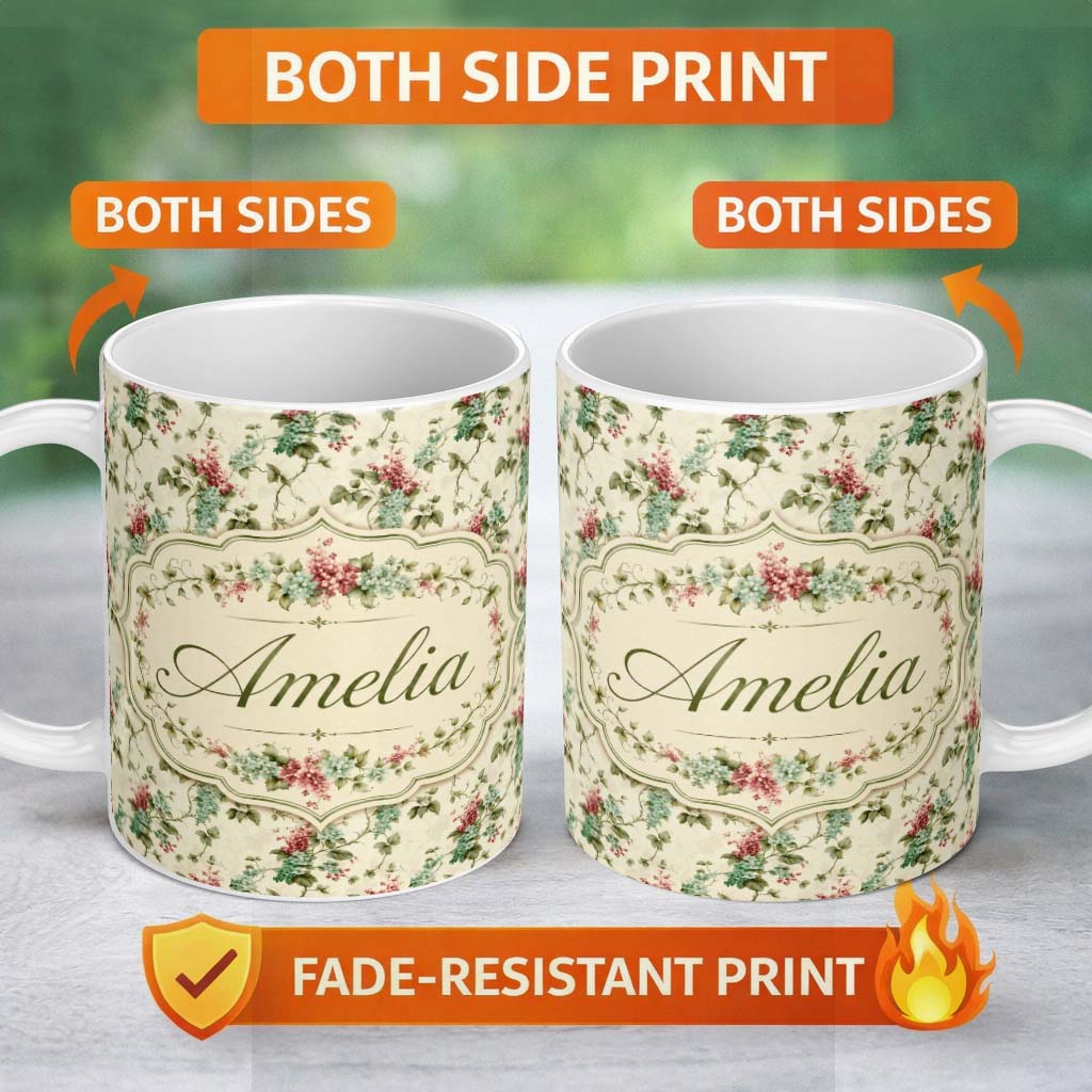 Personalized Custom Name Pastel Floral Berry Vine Elegant Seamless Pattern Name Cute Unique 11oz Ceramic Coffee Tea Mug White Large Handle