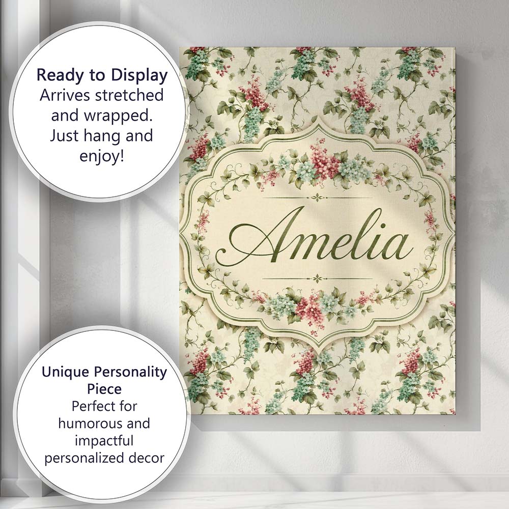 Personalised Name Pastel Floral Berry Vine Custom  Unique Gift Idea Elegant Feature Canvas Wall Art Print Decor Picture Ready to Hang