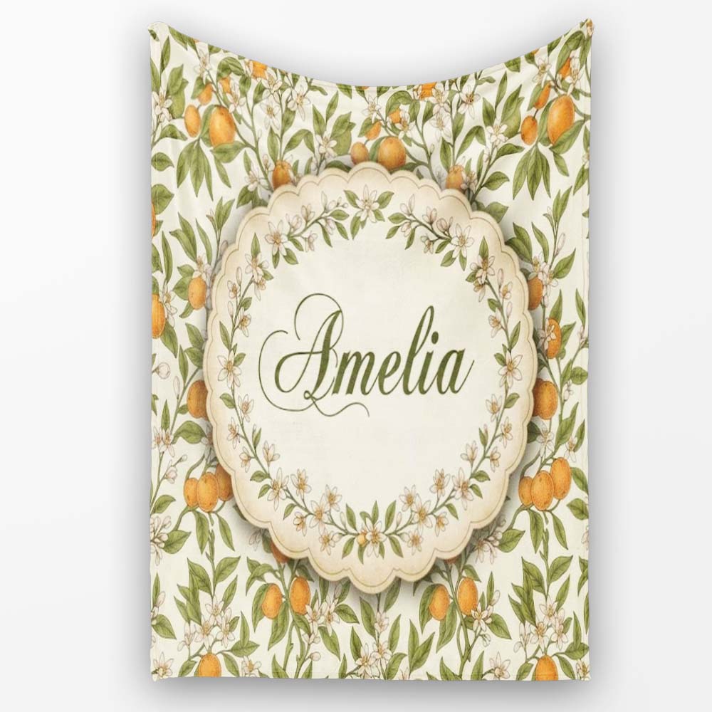 Vintage Orange Blossom Branch Seamless Pattern Name Cute Unique Gift  Personalised Custom Name Super Soft Fleece Blanket Bed Sofa Throw