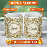 Personalized Custom Name Vintage Orange Blossom Branch Seamless Pattern Name Cute Unique Gift 11oz Ceramic Coffee Tea Mug White Large Handle