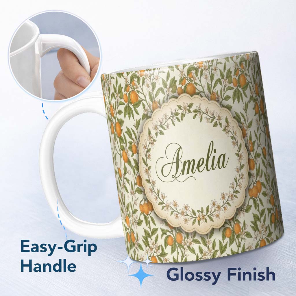 Personalized Custom Name Vintage Orange Blossom Branch Seamless Pattern Name Cute Unique Gift 11oz Ceramic Coffee Tea Mug White Large Handle