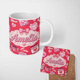Personalized Custom Name Cute Kawaii Valentine Love Hearts Syringe Gift Calendar Pattern Red 11oz Ceramic Coffee Tea Mug White Large Handle