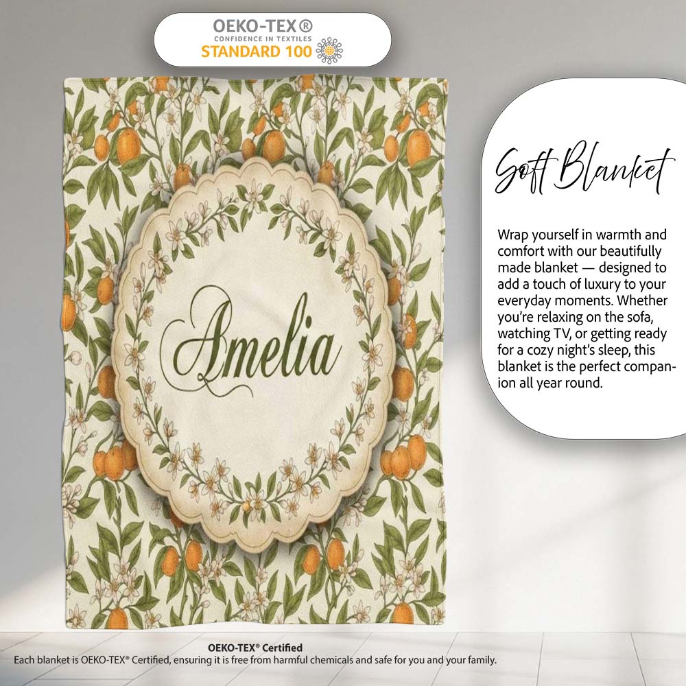 Vintage Orange Blossom Branch Seamless Pattern Name Cute Unique Gift  Personalised Custom Name Super Soft Fleece Blanket Bed Sofa Throw