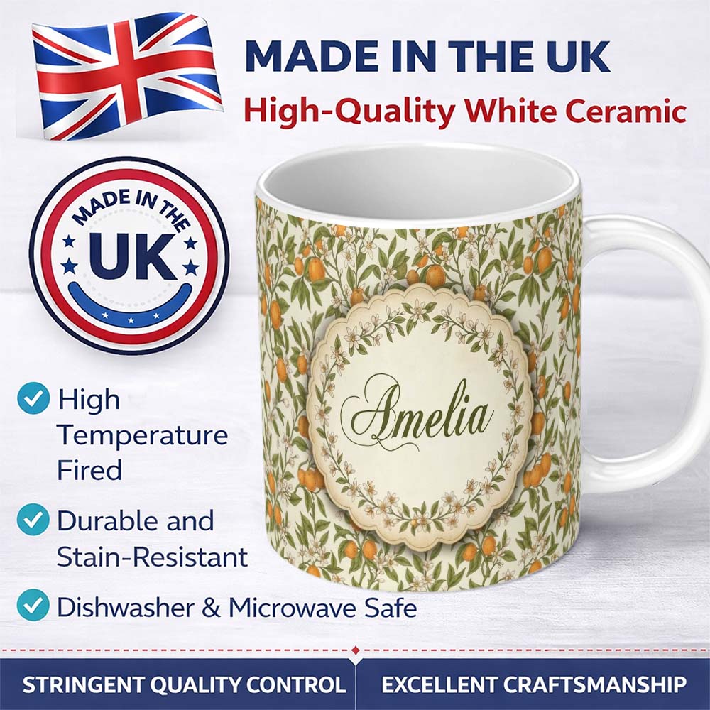 Personalized Custom Name Vintage Orange Blossom Branch Seamless Pattern Name Cute Unique Gift 11oz Ceramic Coffee Tea Mug White Large Handle