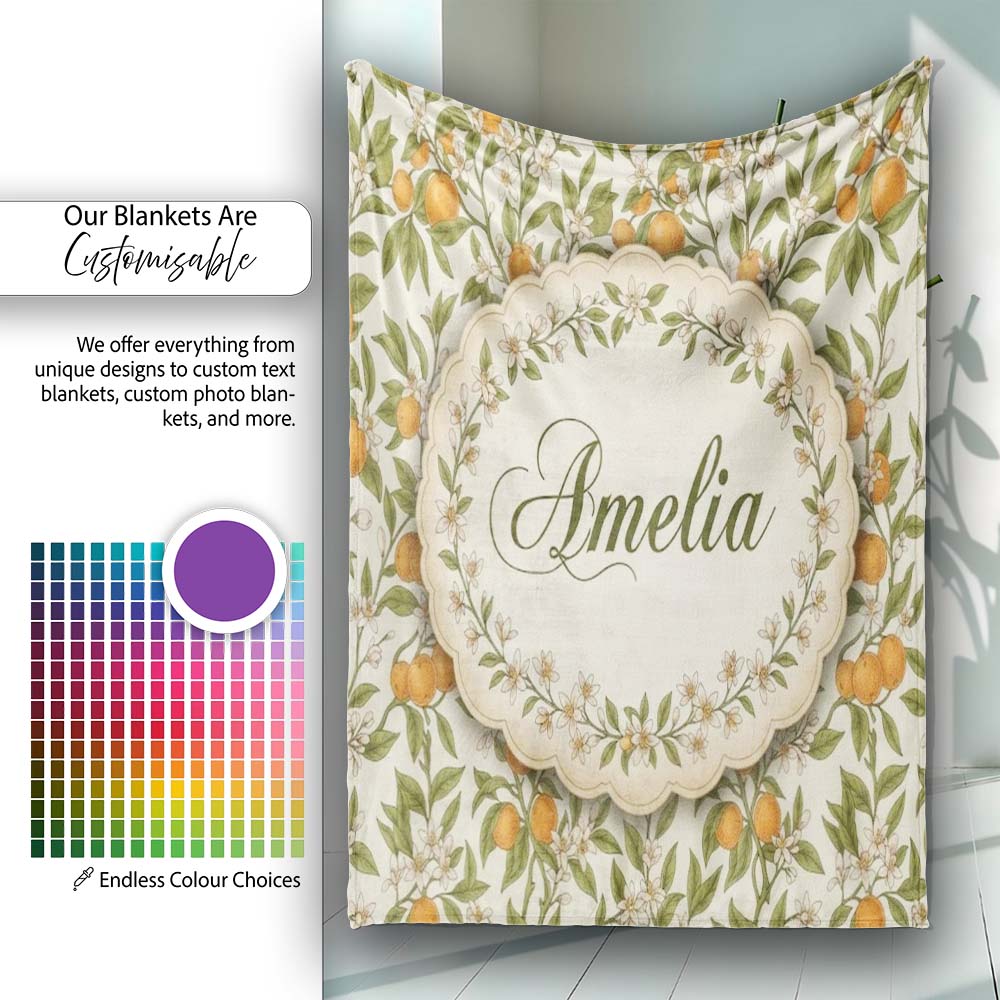 Vintage Orange Blossom Branch Seamless Pattern Name Cute Unique Gift  Personalised Custom Name Super Soft Fleece Blanket Bed Sofa Throw