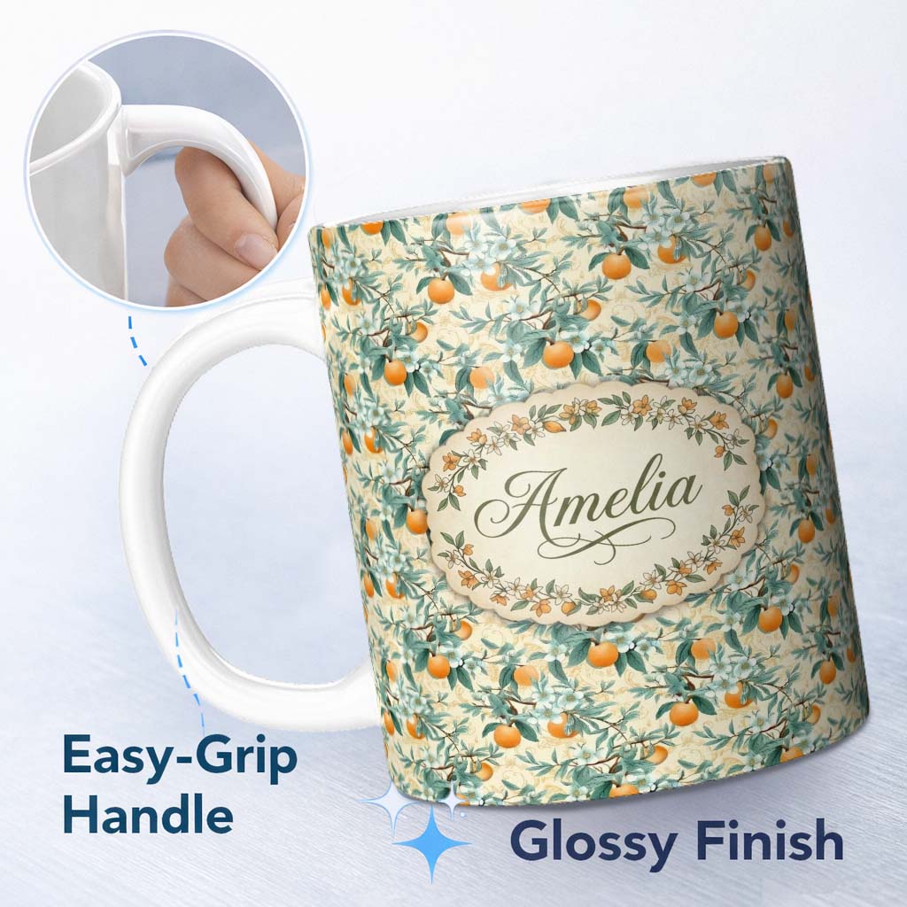 Personalized Custom Name Elegant Citrus Orange Floral Leaves Seamless Pattern Name Cute 11oz Ceramic Coffee Tea Mug White Large Handle