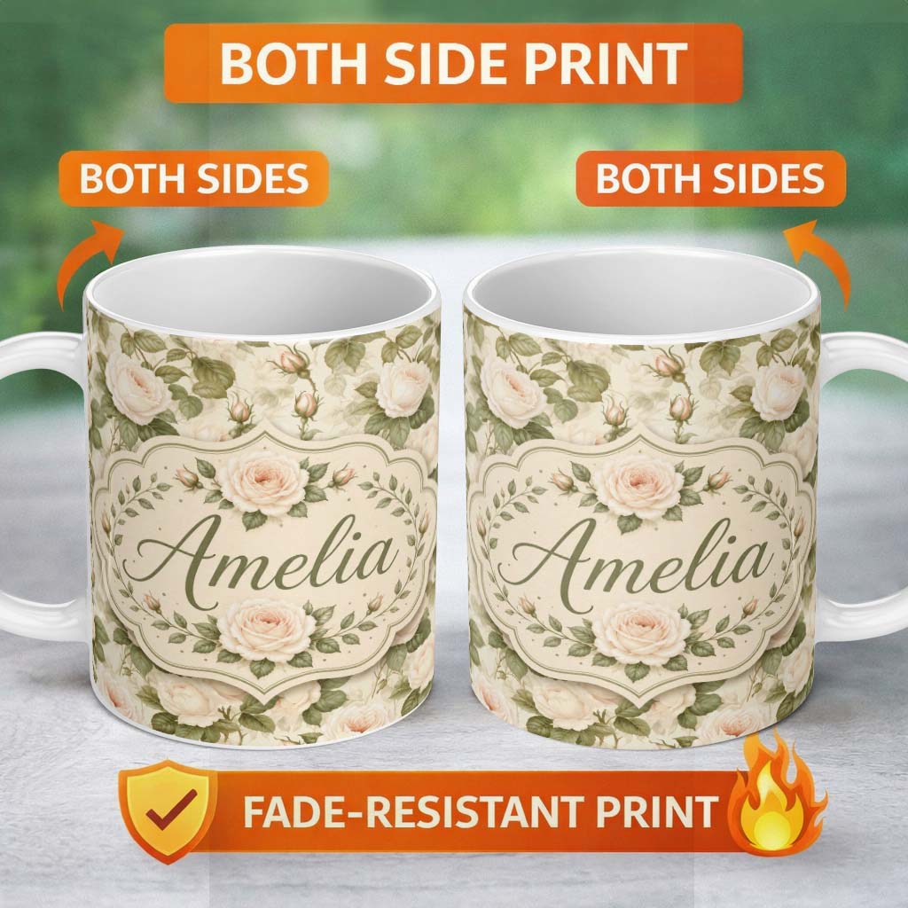 Personalized Custom Name Soft Blush Cream Roses with Green Foliage Seamless Pattern Lovely 11oz Ceramic Coffee Tea Mug White Large Handle