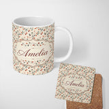 Personalized Custom Name Autumn Branches with Red and Teal Leaves Seamless Pattern Custom 11oz Ceramic Coffee Tea Mug White Large Handle