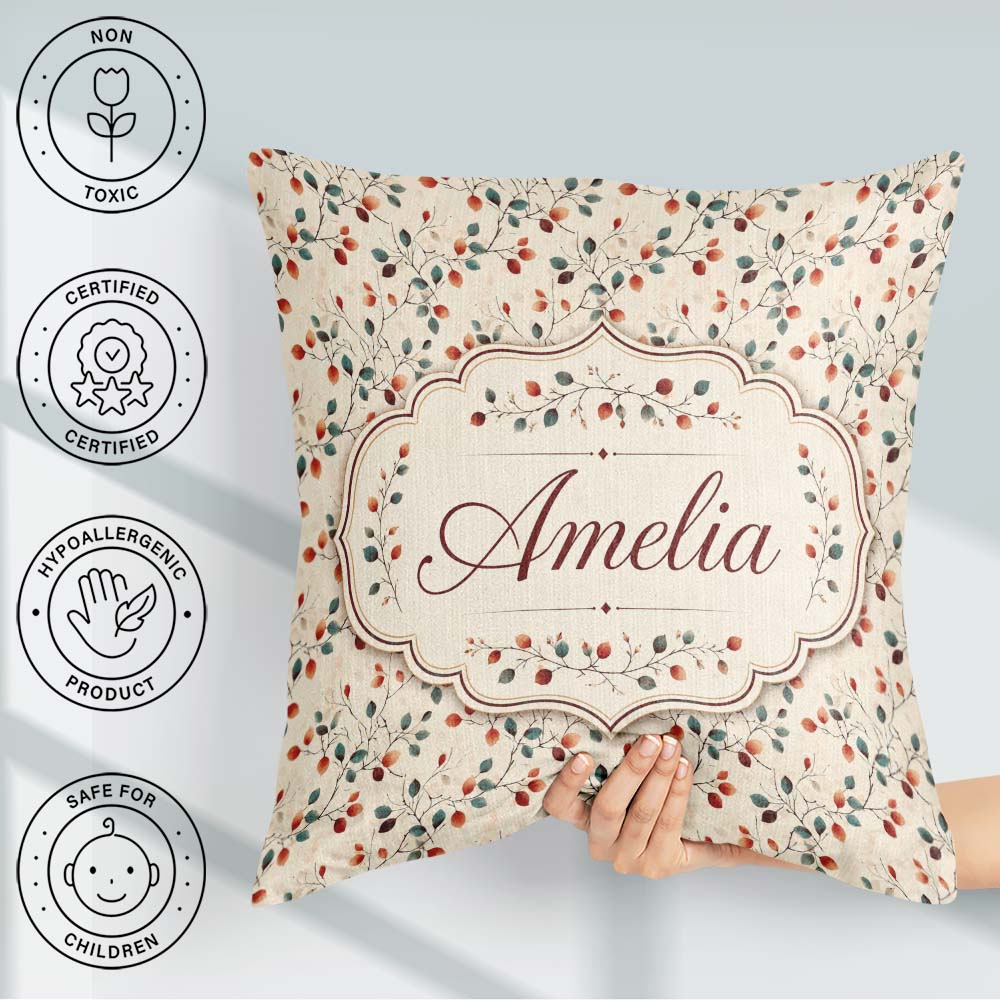 Custom Name Autumn Branches with Red and Leaves Seamless Pattern Square Filled Cushion Throw Pillow Sofa Bed Home Decor Zip Washable UK Made