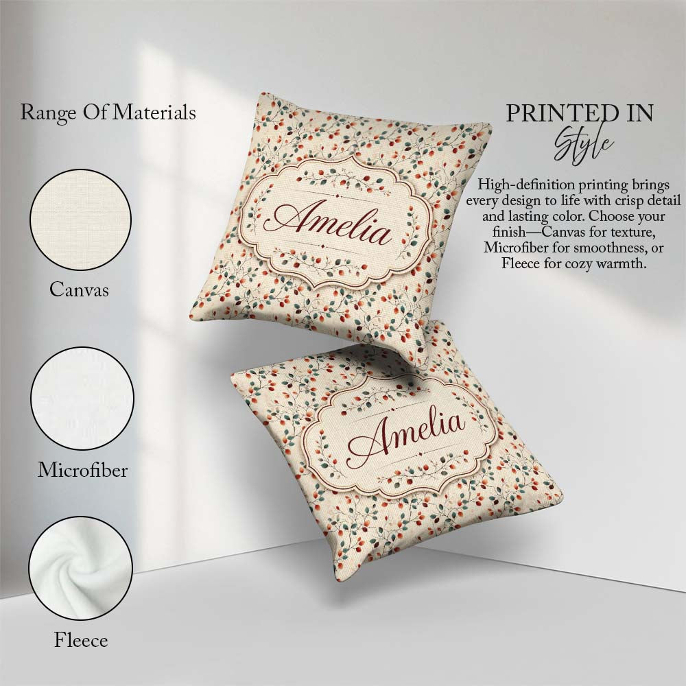 Custom Name Autumn Branches with Red and Leaves Seamless Pattern Square Filled Cushion Throw Pillow Sofa Bed Home Decor Zip Washable UK Made