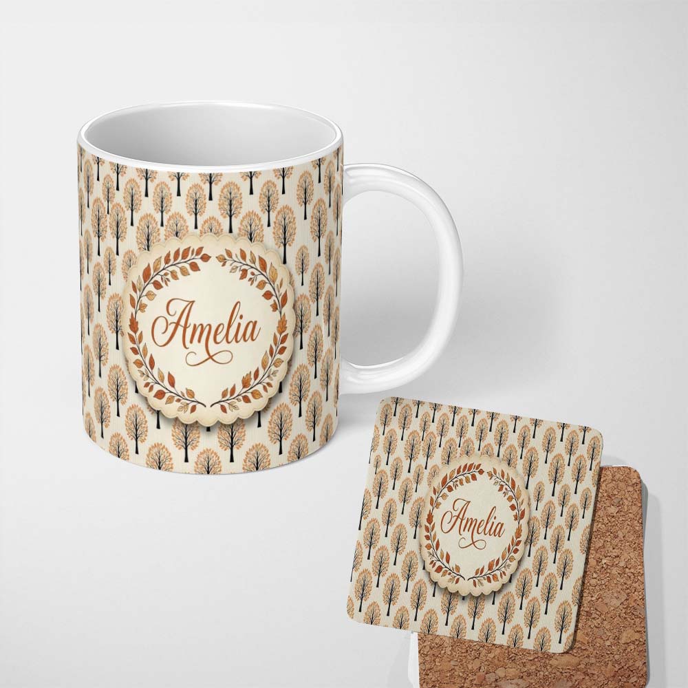 Personalized Custom Name Minimalist Autumn Trees with Orange Leaves Seamless Pattern Name 11oz Ceramic Coffee Tea Mug White Large Handle