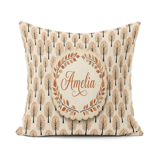 Custom Name Minimalist Autumn Trees with Orange Seamless Pattern Square Filled Cushion Throw Pillow Sofa Bed Home Decor Zip Washable UK Made
