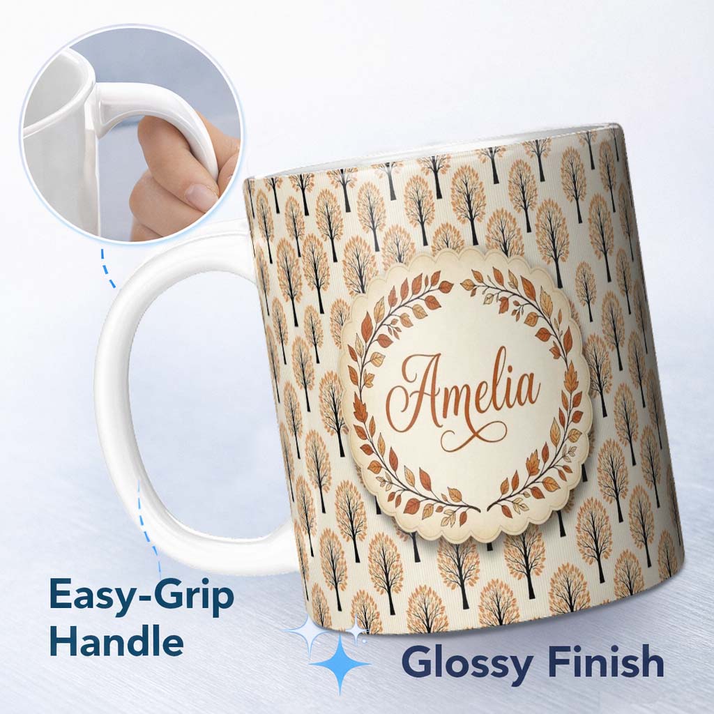 Personalized Custom Name Minimalist Autumn Trees with Orange Leaves Seamless Pattern Name 11oz Ceramic Coffee Tea Mug White Large Handle