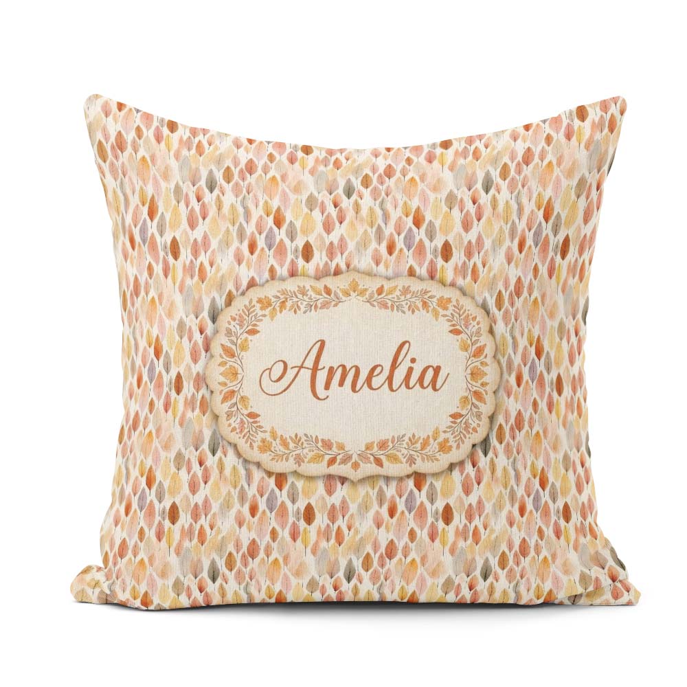 Custom Name Soft Pastel Falling Leaves Autumn Seamless Name Cute Square Filled Cushion Throw Pillow Sofa Bed Home Decor Zip Washable UK Made
